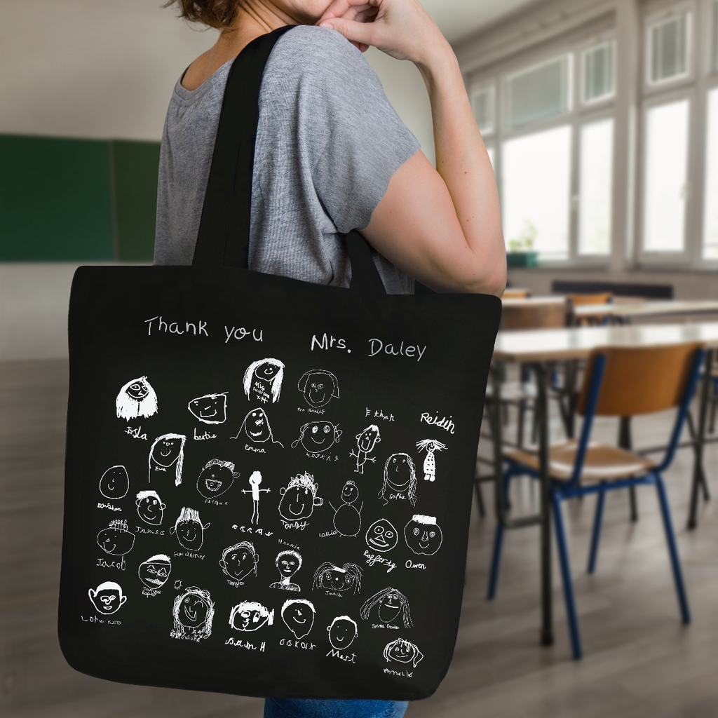 Gift for teacher bag with self portrait drawings from the class.